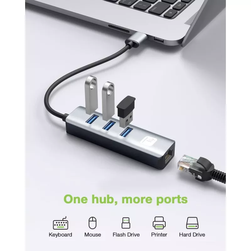 Techly IDATA USB-ETGIGA3AA Laptop-Dock/Port-Replikator Kabelgebunden USB 3.2 Gen 1 (3.1 Gen 1) Typ-A Schwarz, Silber