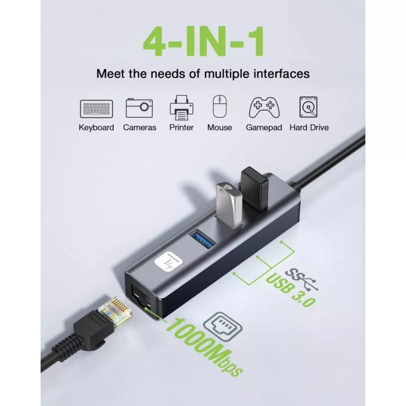 Techly IDATA USB-ETGIGA3AA Laptop-Dock/Port-Replikator Kabelgebunden USB 3.2 Gen 1 (3.1 Gen 1) Typ-A Schwarz, Silber