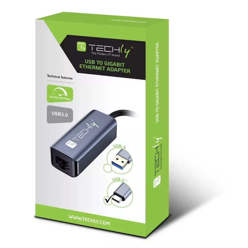 Techly IDATA USB-ETGIGA-CA Laptop-Dockingstation/Port-Replikator Kabelgebunden USB 3.2 Gen 1 (3.1 Gen 1) Typ-C Schwarz, Silber