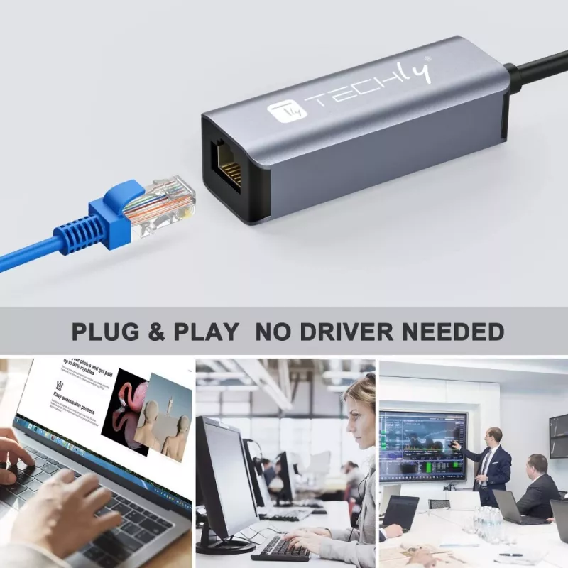 Techly IDATA USB-ETGIGA-CA Laptop-Dockingstation/Port-Replikator Kabelgebunden USB 3.2 Gen 1 (3.1 Gen 1) Typ-C Schwarz, Silber