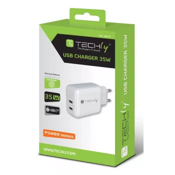 Techly IPW-USB-2C35W Ladegerät für mobile Geräte Laptop, Smartphone, Tablet Weiß AC Innenbereich Schnellladung