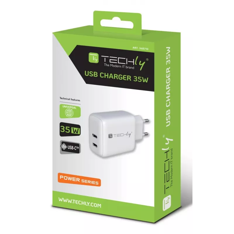 Techly IPW-USB-2C35W Ladegerät für mobile Geräte Laptop, Smartphone, Tablet Weiß AC Innenbereich Schnellladung