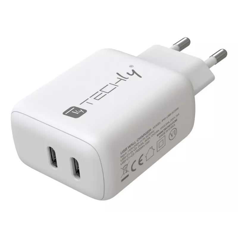 Techly IPW-USB-2C35W Ladegerät für mobile Geräte Laptop, Smartphone, Tablet Weiß AC Innenbereich Schnellladung