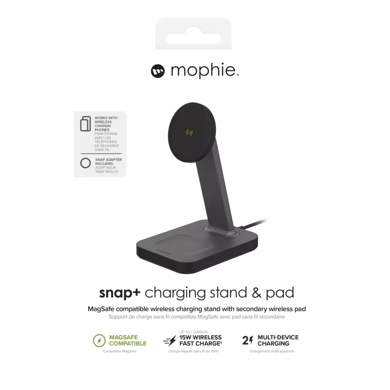 mophie UNV WRLS-snap+ stand & pad-Schwarz-ROC-EU, Indoor, AC, Kabelloses Laden, Schwarz