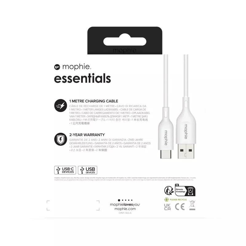mophie essentials Ladekabel | 1M USB-Kabel USB 2.0 USB A USB C Weiß