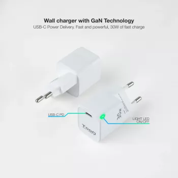 TooQ GAN USB-C/PD Wandladegerät 30W, Weiß, Innenbereich, AC, Weiß