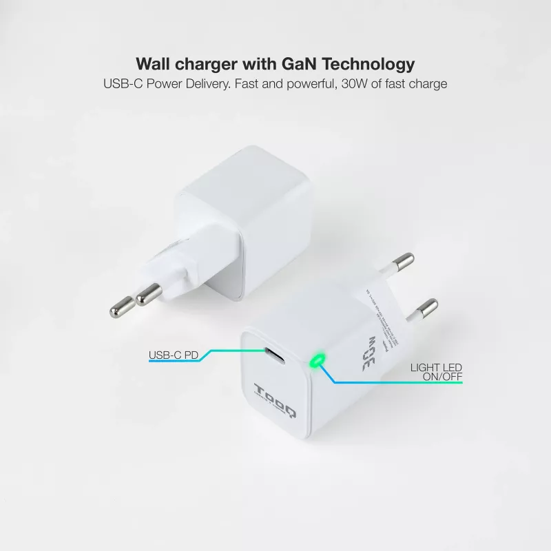TooQ GAN USB-C/PD Wandladegerät 30W, Weiß, Innenbereich, AC, Weiß
