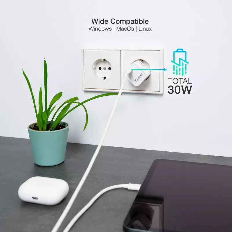 TooQ GAN USB-C/PD Wandladegerät 30W, Weiß, Innenbereich, AC, Weiß