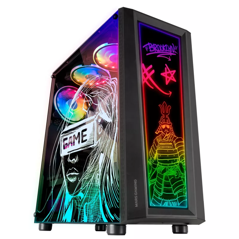 Mars Gaming MC-ART Schwarz ATX Gaming-PC-Gehäuse doppelt beschreibbares Tempered Glass ARGB 12 Modi 12cm Lüfter