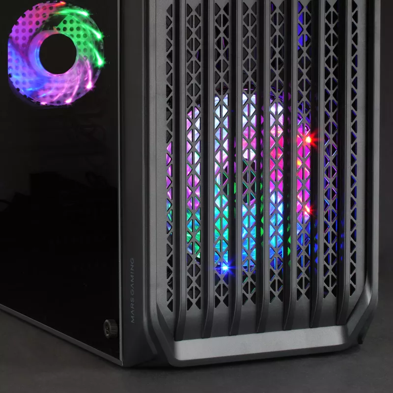 Mars Gaming MC-S2 Schwarz Kompaktes Micro-ATX Gaming-PC-Gehäuse 2 FRGB Regenbogen-Lüfter mit Frontgitter und durchgehendem Seitenfenster