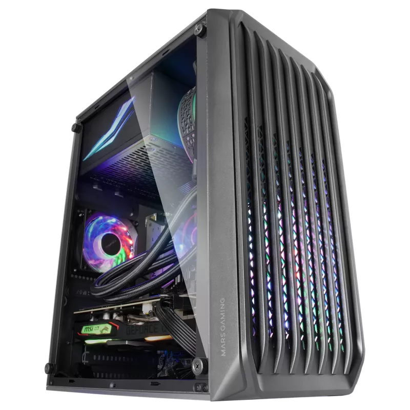 Mars Gaming MC-S2 Schwarz Kompaktes Micro-ATX Gaming-PC-Gehäuse 2 FRGB Regenbogen-Lüfter mit Frontgitter und durchgehendem Seitenfenster