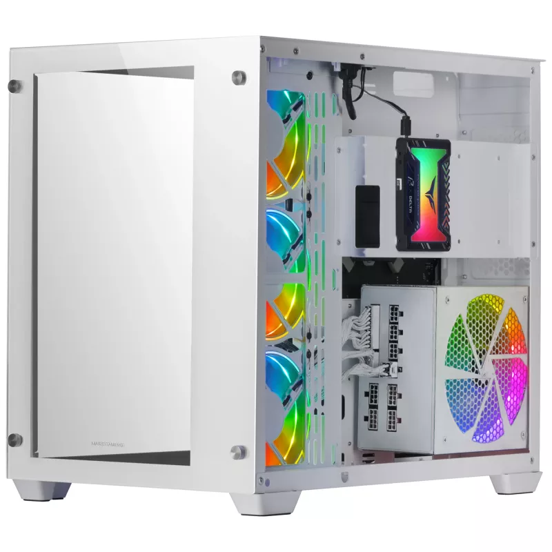 Mars Gaming MCV3 White Custom XXL E-ATX Gaming Tower Front and Side Tempered Glass Window Dual Chamber Modular Frame