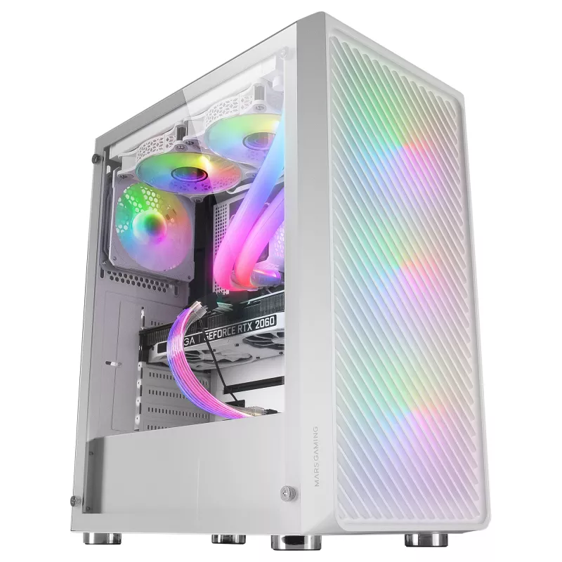 Mars Gaming MC-F White, ATX Gaming Semitower, Fenster aus Temperglas, Metall-Mesh-Front, 4x 120mm ARGB-Lüfter