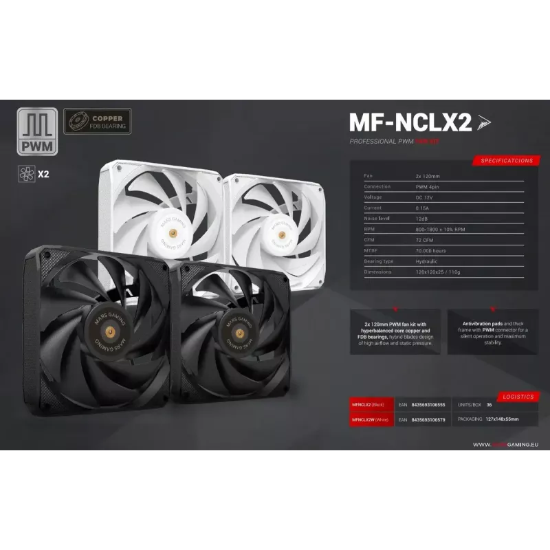 Mars Gaming MF-NCLX2W Computergehäuselüfter 12 cm Weiß 2 St.