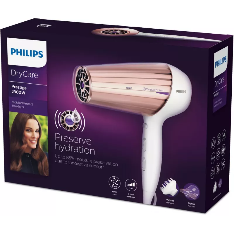 Haartrockner Philips MoistureProtect Sensor HP8280/00 — 2300 W, DC-Motor, 6 Geschwindigkeiten, ionisch, Kaltstufe, lila/weiß