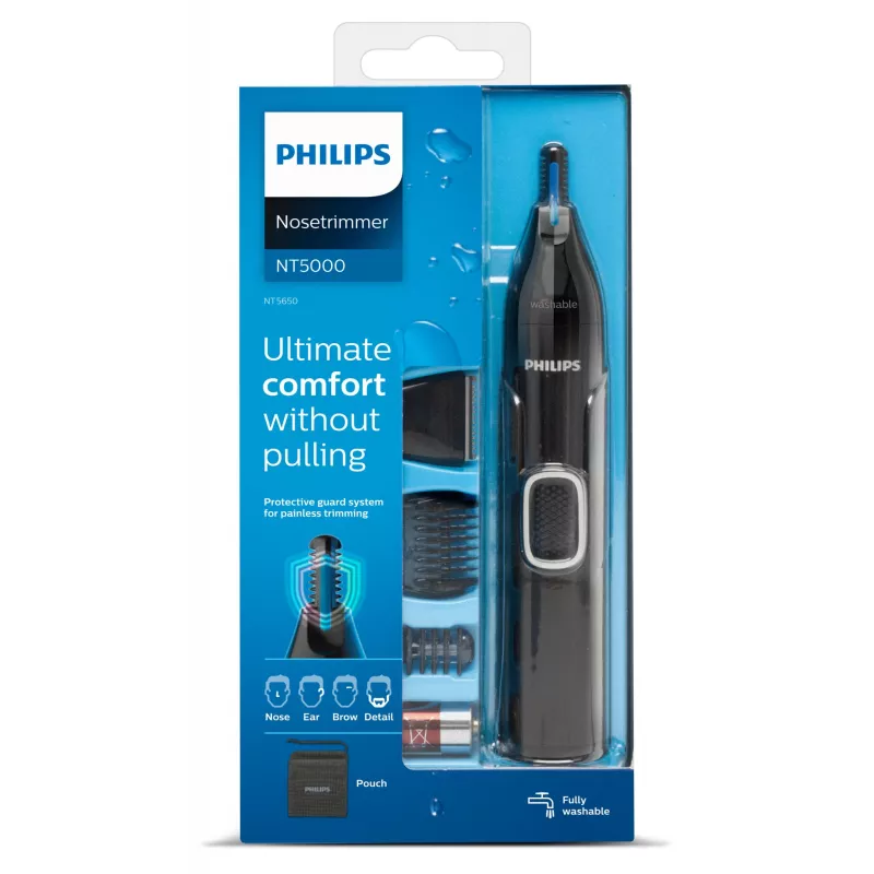 Nasenhaartrimmer Philips 5000 NT5650/16 – batteriebetrieben, AA, wasserdicht, Edelstahlklingen, 3 Aufsteckkämme, Reiseetui