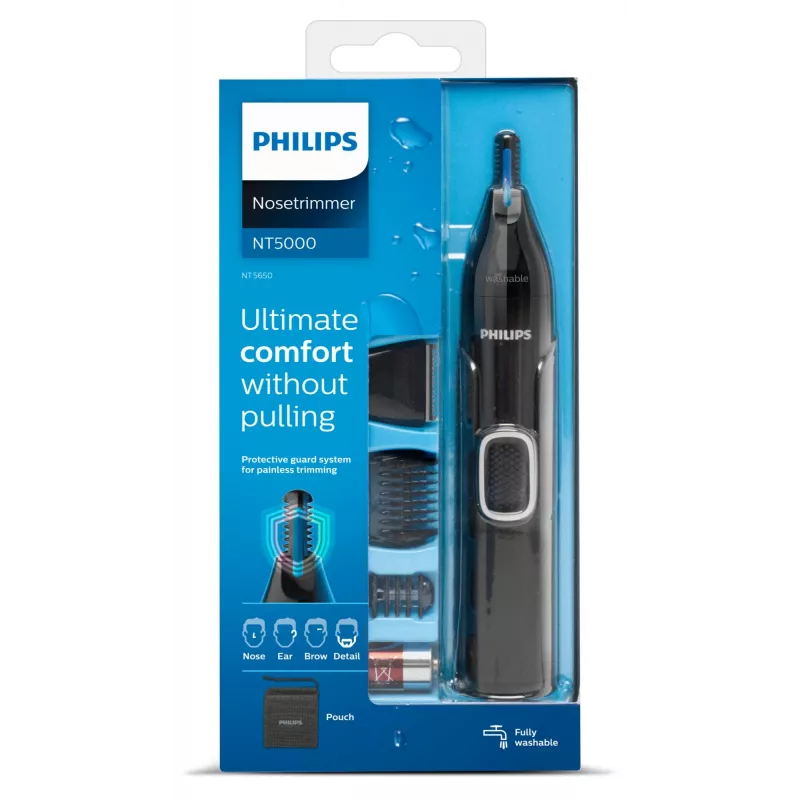 Nasenhaartrimmer Philips 5000 NT5650/16 – batteriebetrieben, AA, wasserdicht, Edelstahlklingen, 3 Aufsteckkämme, Reiseetui