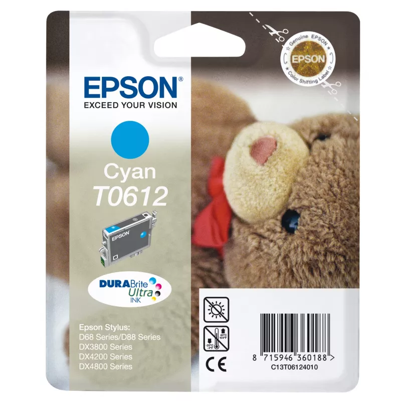 Epson Teddybear Einzelpackung Cyan T0612 DURABrite Ultra Tinte, Cyan, 8 ml, 1 Stück