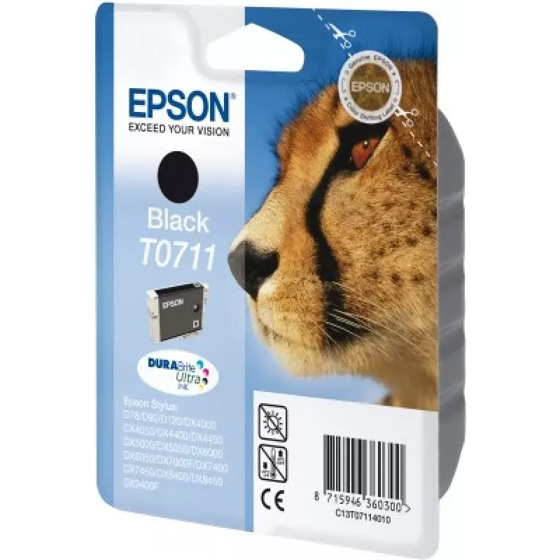 Epson Cheetah Einzelpackung Schwarz T0711 DURABrite Ultra Tinte, Schwarz, Pigmenttinte, 1 Stück
