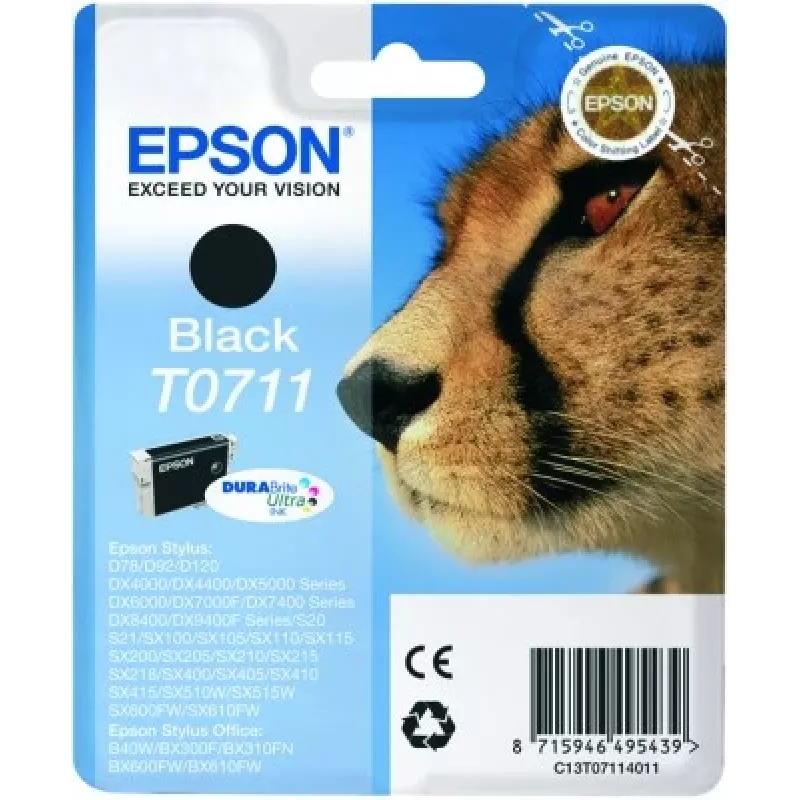 Epson Cheetah Einzelpackung Schwarz T0711 DURABrite Ultra Tinte, Schwarz, pigmentbasierte Tinte, 1 Stk.