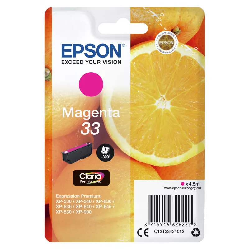 Epson Oranges Singlepack Magenta 33 Claria Premium Ink, Magenta, Pigmenttinte, 4.5 ml, 1 Stk., 300 Seiten
