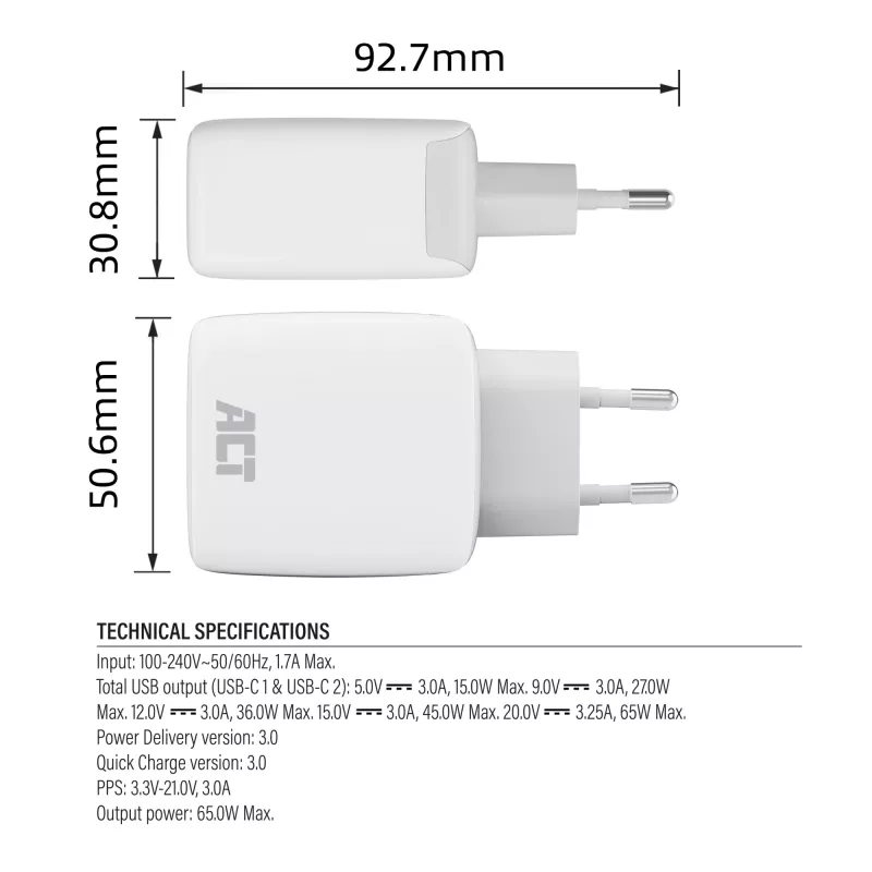 ACT USB-C-Ladegerät 65W 2-Port mit Power Delivery PPS und GaNFast