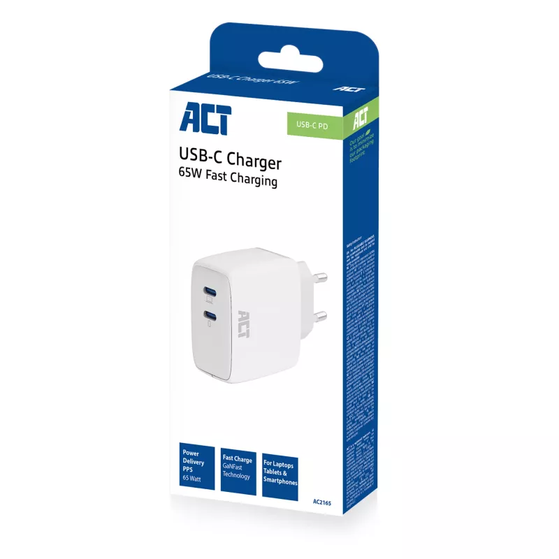 ACT USB-C-Ladegerät 65W 2-Port mit Power Delivery PPS und GaNFast
