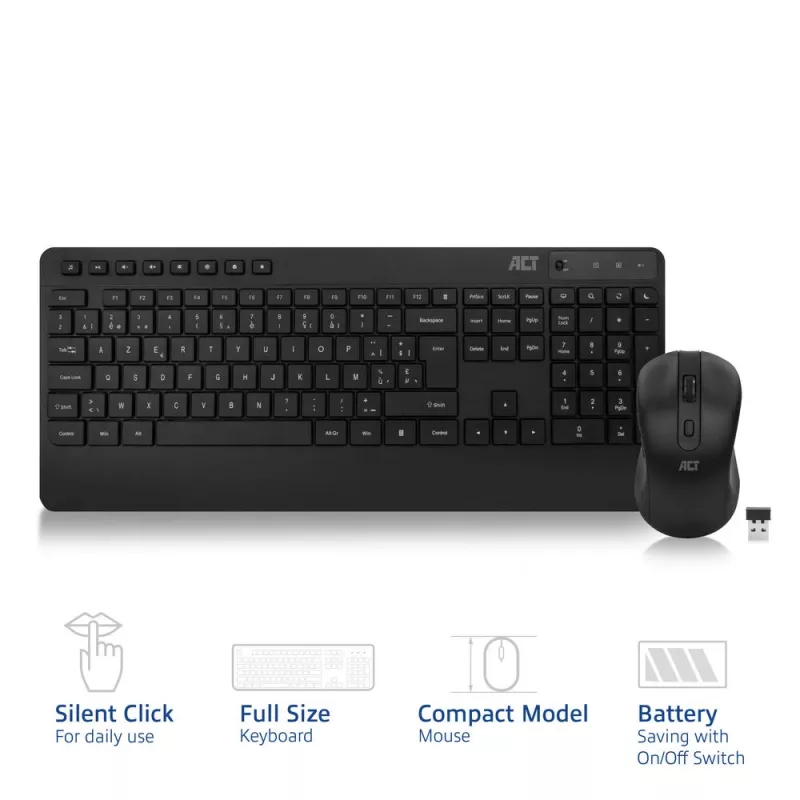 ACT kabelloses Tastatur- und Maus-Set (Azerty), leiser Klick, umweltfreundlich, aus recycelten Materialien