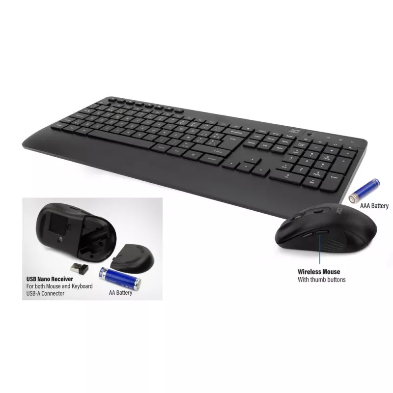 ACT kabelloses Tastatur- und Maus-Set (Azerty), leiser Klick, umweltfreundlich, aus recycelten Materialien
