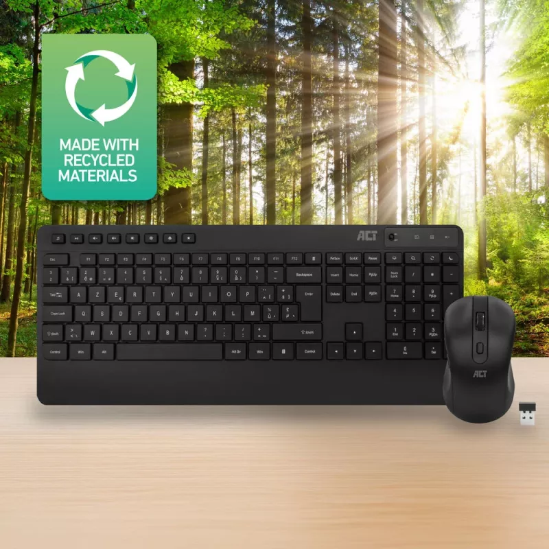 ACT kabelloses Tastatur- und Maus-Set (Azerty), leiser Klick, umweltfreundlich, aus recycelten Materialien