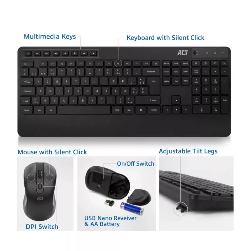 ACT kabelloses Tastatur- und Maus-Set (Azerty), leiser Klick, umweltfreundlich, aus recycelten Materialien