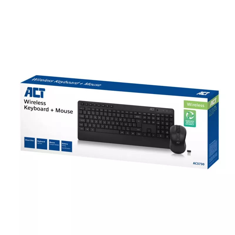 ACT kabelloses Tastatur- und Maus-Set (Azerty), leiser Klick, umweltfreundlich, aus recycelten Materialien