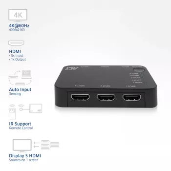 ACT 4K HDMI Switch 5 in, 1 out, HDMI, Schwarz, 2160p, 18 Gbit/s, 4096 x 2160 Pixel, 4K Ultra HD