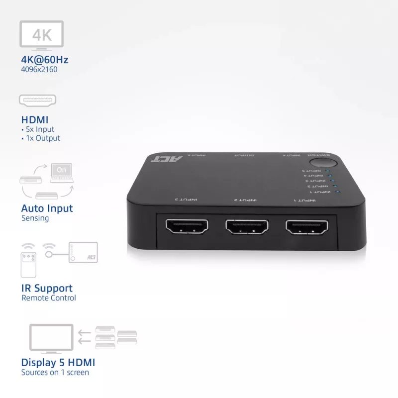 ACT 4K HDMI Switch 5 in, 1 out, HDMI, Schwarz, 2160p, 18 Gbit/s, 4096 x 2160 Pixel, 4K Ultra HD