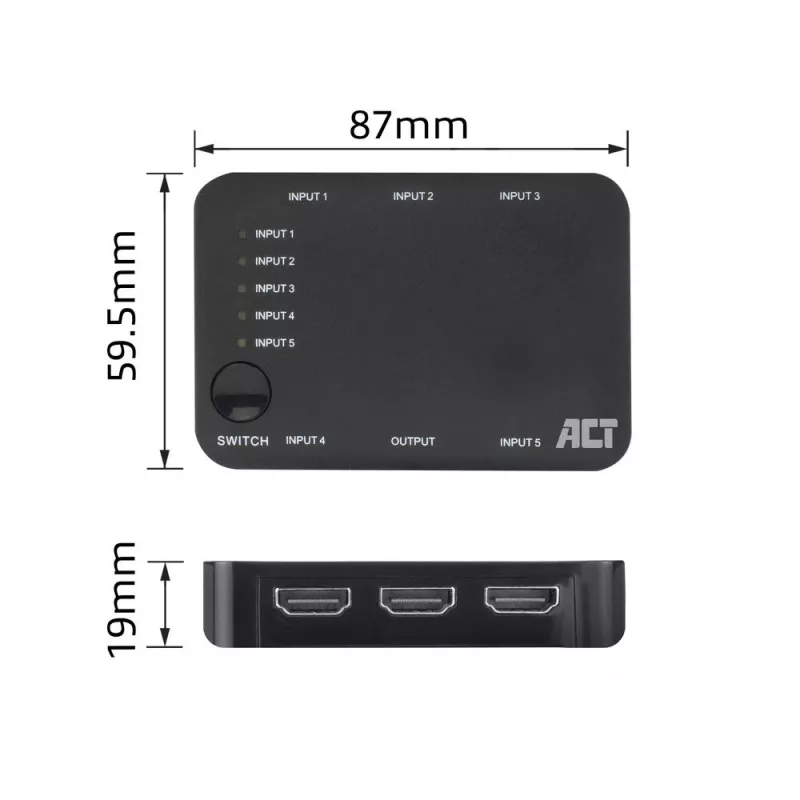 ACT 4K HDMI Switch 5 in, 1 out, HDMI, Schwarz, 2160p, 18 Gbit/s, 4096 x 2160 Pixel, 4K Ultra HD