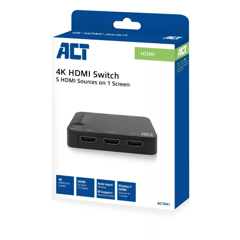 ACT 4K HDMI Switch 5 in, 1 out, HDMI, Schwarz, 2160p, 18 Gbit/s, 4096 x 2160 Pixel, 4K Ultra HD