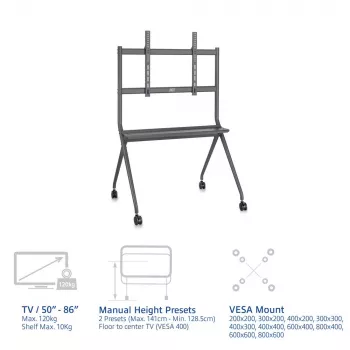 ACT Mobiler TV/Monitor-Bodenständer, 50 inch bis 86 inch, VESA, 127 cm (50 Zoll), 2,18 m (86 Zoll), 200 x 200 mm, 800 x 600 mm, Aluminium, Kunststoff, Stahl, Grau