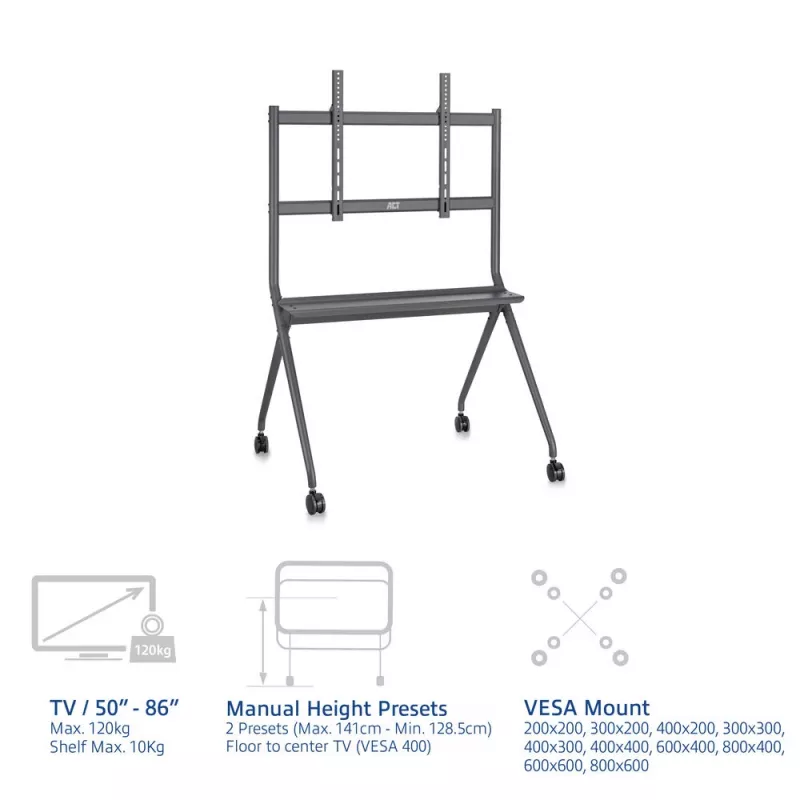 ACT Mobiler TV/Monitor-Bodenständer, 50 inch bis 86 inch, VESA, 127 cm (50 Zoll), 2,18 m (86 Zoll), 200 x 200 mm, 800 x 600 mm, Aluminium, Kunststoff, Stahl, Grau