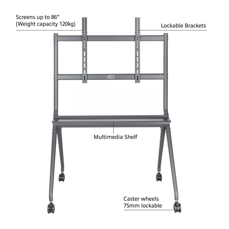 ACT Mobiler TV/Monitor-Bodenständer, 50 inch bis 86 inch, VESA, 127 cm (50 Zoll), 2,18 m (86 Zoll), 200 x 200 mm, 800 x 600 mm, Aluminium, Kunststoff, Stahl, Grau