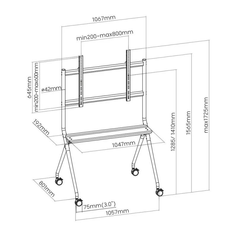 ACT Mobiler TV/Monitor-Bodenständer, 50 inch bis 86 inch, VESA, 127 cm (50 Zoll), 2,18 m (86 Zoll), 200 x 200 mm, 800 x 600 mm, Aluminium, Kunststoff, Stahl, Grau
