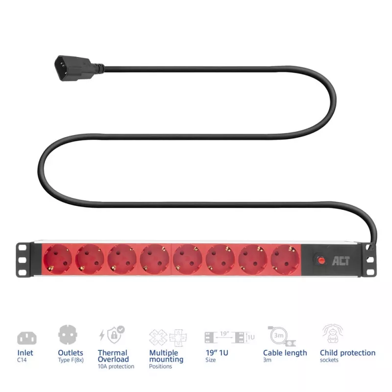 Stromverteilungseinheit ACT PD3004 19 Zoll C14 IEC60320 mit 8 Typ-F-Steckdosen, 3 m H05VV-F 3G1.0, 230 V 10 A