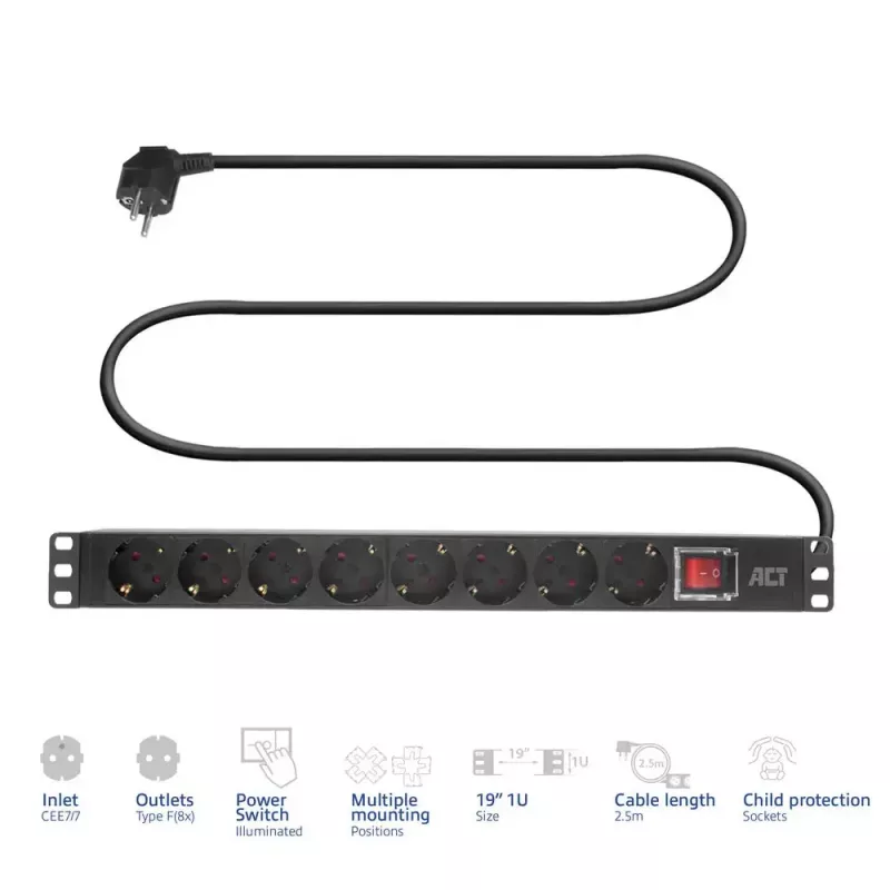 Stromverteilereinheit ACT PDU 19 Zoll mit CEE7/7-Stecker, 8 Typ-F-Steckdosen, Ein-/Ausschalter, 2,5 m H05VV-F 3G1,5