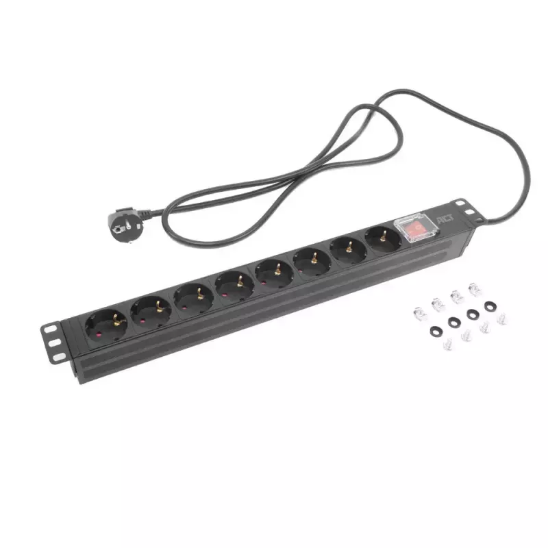 Stromverteilereinheit ACT PDU 19 Zoll mit CEE7/7-Stecker, 8 Typ-F-Steckdosen, Ein-/Ausschalter, 2,5 m H05VV-F 3G1,5