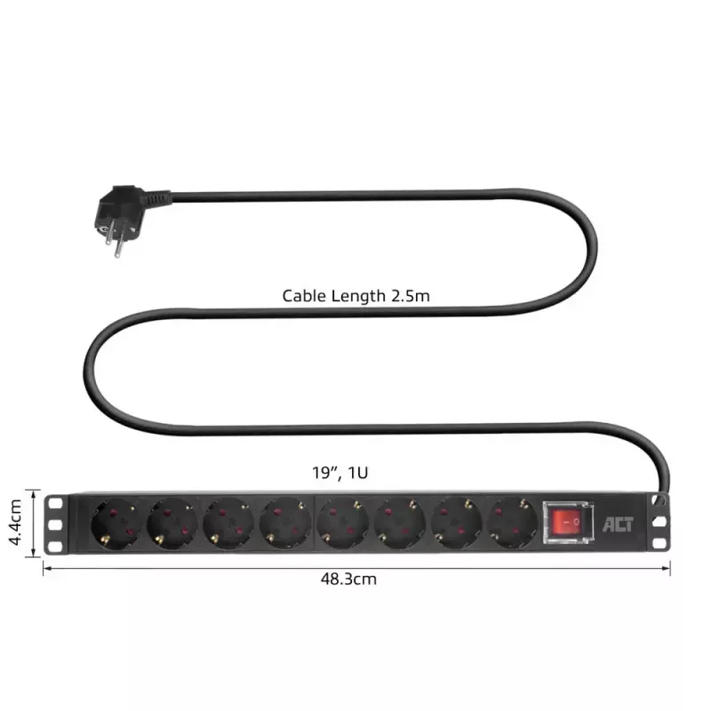 Stromverteilereinheit ACT PDU 19 Zoll mit CEE7/7-Stecker, 8 Typ-F-Steckdosen, Ein-/Ausschalter, 2,5 m H05VV-F 3G1,5