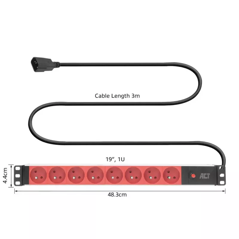 Stromverteiler ACT PD3155 — 3 m Kabel, 9 Typ E AC-Steckdosen, 250 V, 16 A, 4000 W, Innenbereich, Schwarz/Rot