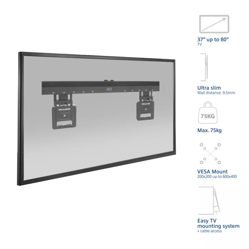 ACT Feste TV-Wandhalterung AC8356 für 37-Zoll- bis 80-Zoll-Fernseher, ultraflach, VESA 200x200–600x400, 75 kg Tragkraft, 9,5 mm Wandabstand, schwarz