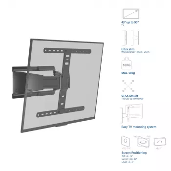 Vollbewegliche TV-Wandhalterung ACT AC8357 für 43 Zoll – 90 Zoll Bildschirme, VESA 100x200 – 600x400, Neigung -15° – 3°, Schwenkbereich ±30°, max. Traglast 50 kg, ultraflach