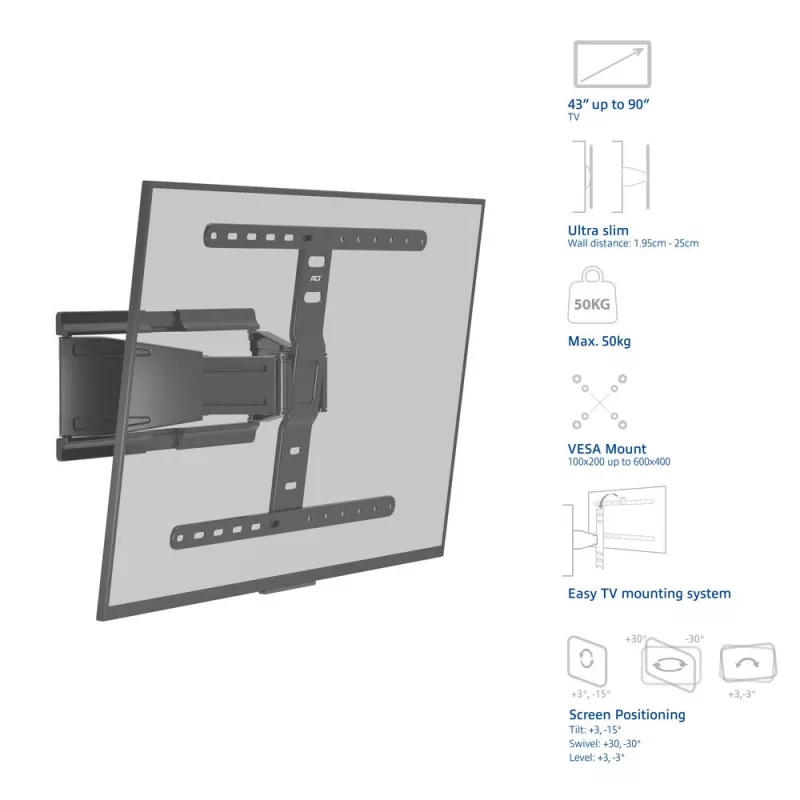 Vollbewegliche TV-Wandhalterung ACT AC8357 für 43 Zoll – 90 Zoll Bildschirme, VESA 100x200 – 600x400, Neigung -15° – 3°, Schwenkbereich ±30°, max. Traglast 50 kg, ultraflach