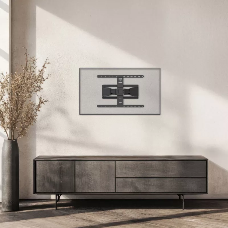 Vollbewegliche TV-Wandhalterung ACT AC8357 für 43 Zoll – 90 Zoll Bildschirme, VESA 100x200 – 600x400, Neigung -15° – 3°, Schwenkbereich ±30°, max. Traglast 50 kg, ultraflach