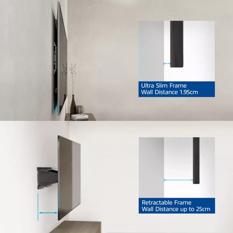 Vollbewegliche TV-Wandhalterung ACT AC8357 für 43 Zoll – 90 Zoll Bildschirme, VESA 100x200 – 600x400, Neigung -15° – 3°, Schwenkbereich ±30°, max. Traglast 50 kg, ultraflach